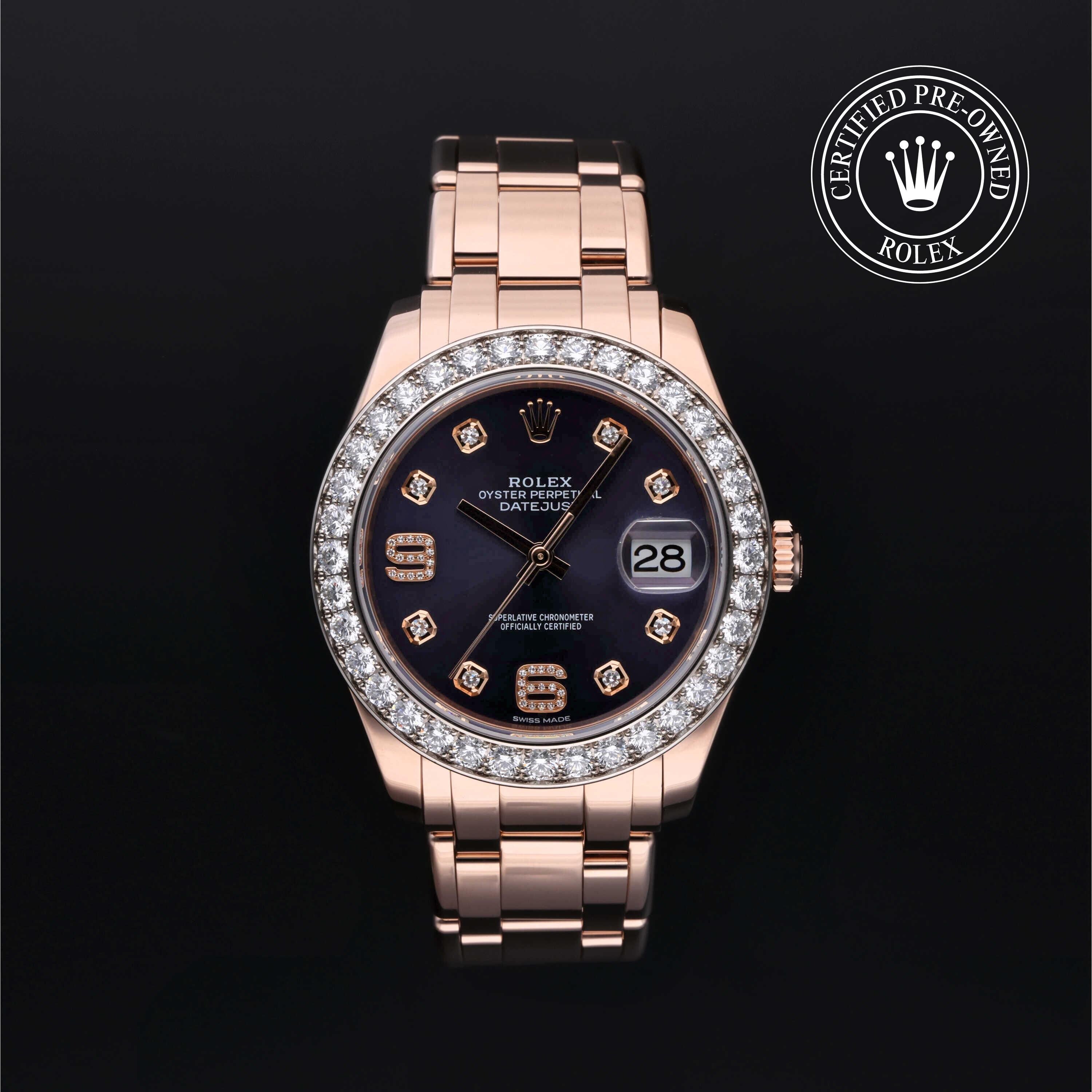 Rolex Certified Pre-owned Pearlmaster M86285-0004 front on black background