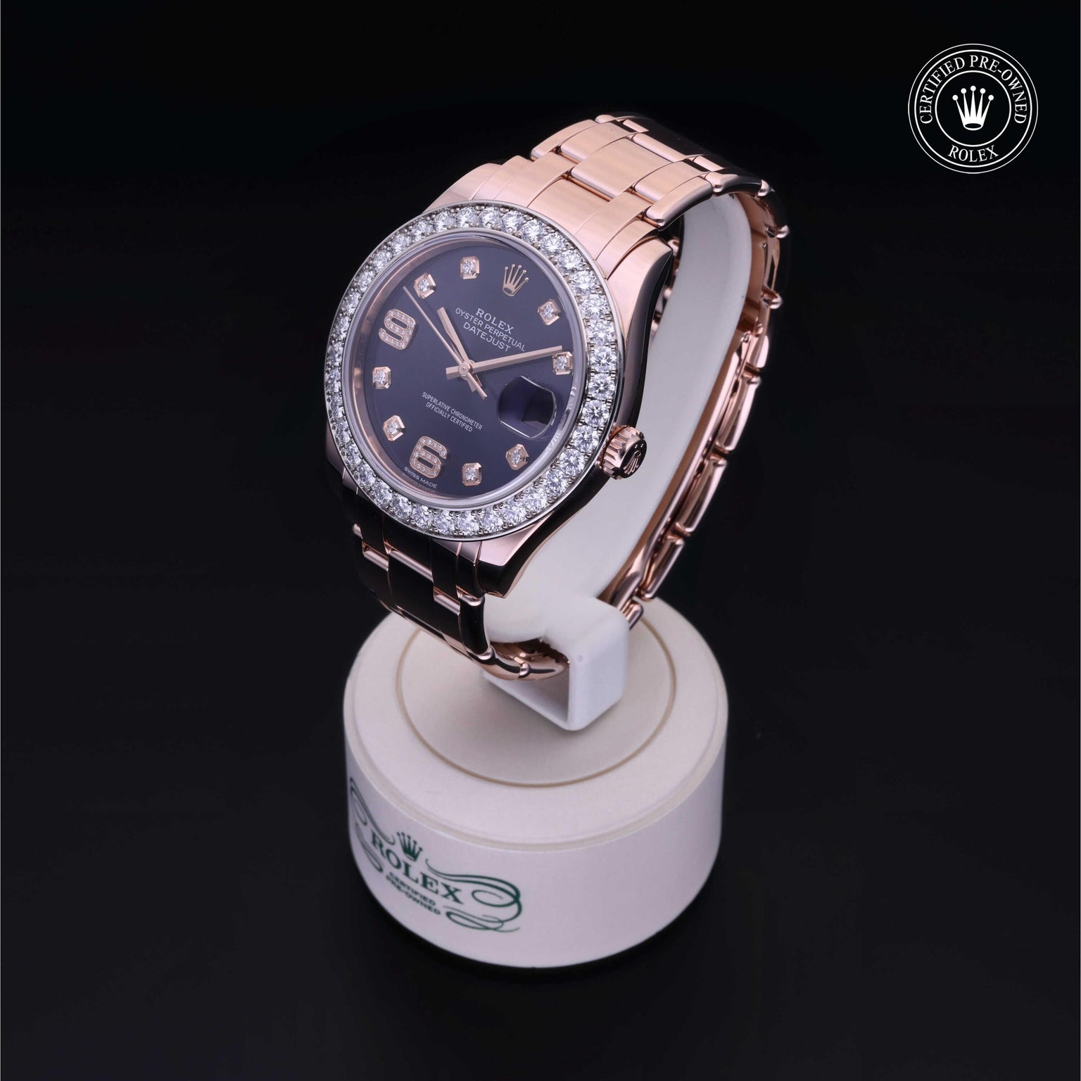 Rolex Certified Pre-owned Pearlmaster M86285-0004 front on black background