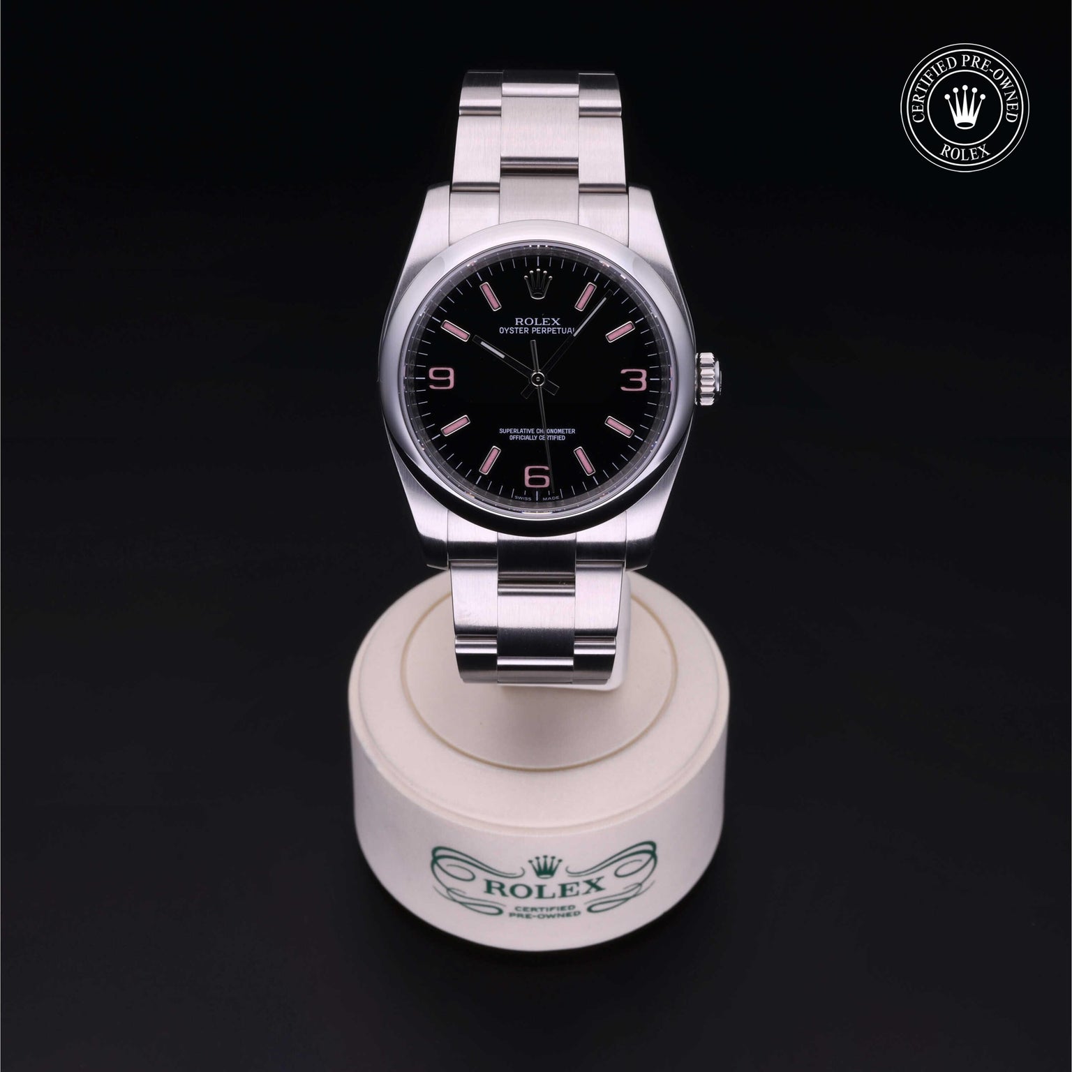 Rolex Certified Pre-owned Oyster Perpetual M116000-0006 front on black background