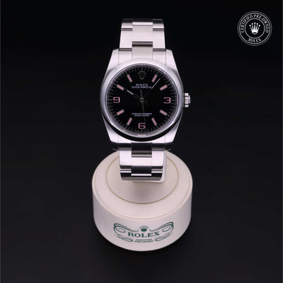 Rolex Certified Pre-owned Oyster Perpetual M116000-0006 front on black background