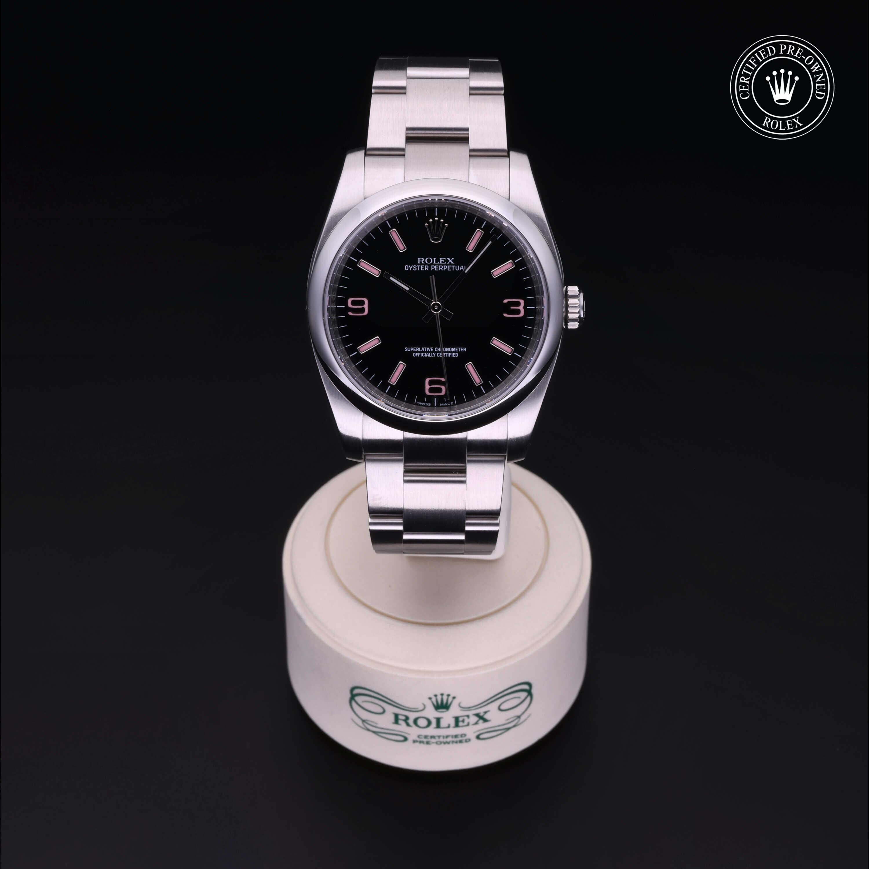 Rolex Certified Pre-owned Oyster Perpetual M116000-0006 front on black background