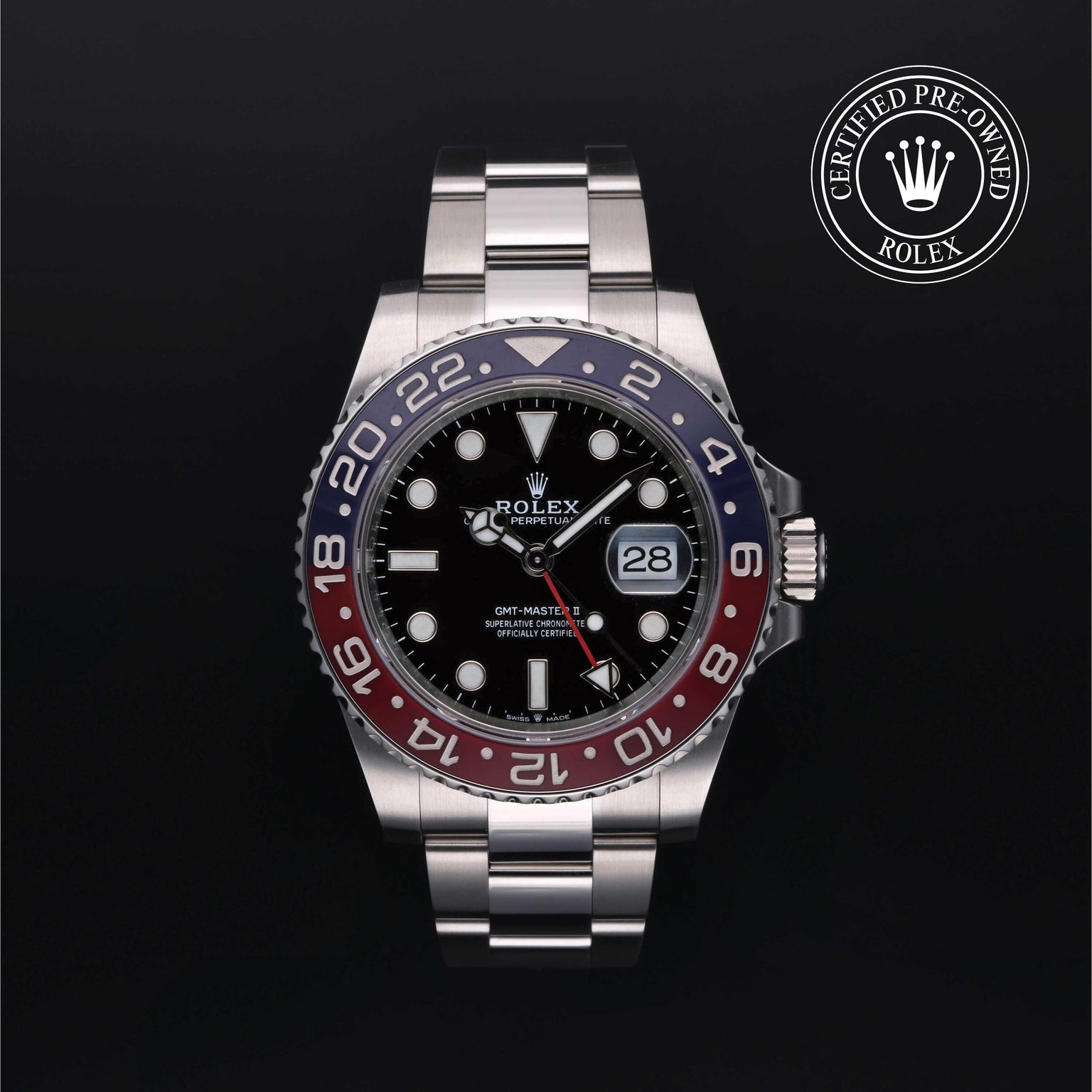 Rolex Certified Pre-owned GMT M126710BLRO-0002 front on black background