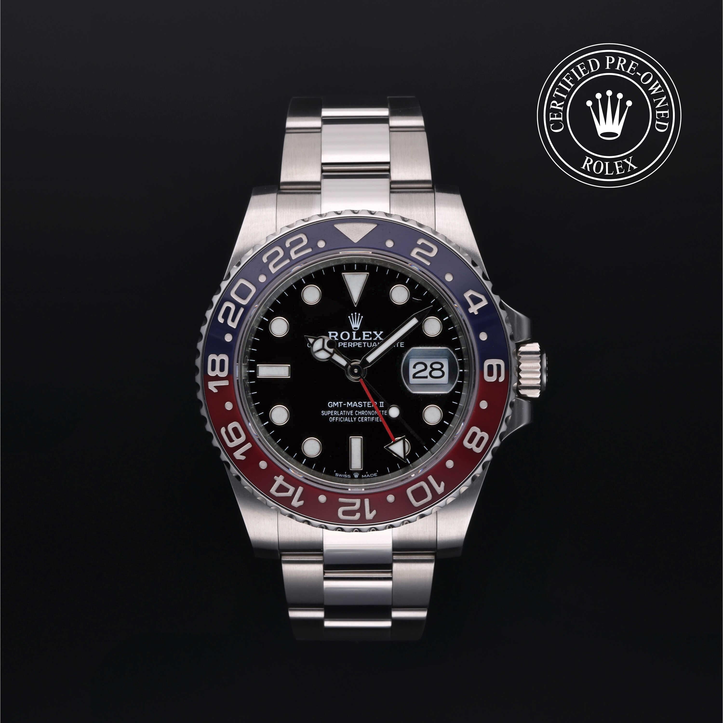 Rolex Certified Pre-owned GMT M126710BLRO-0002 front on black background