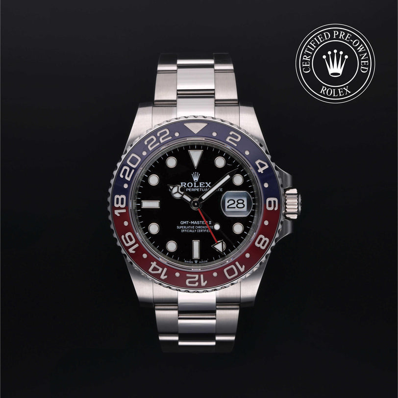 Rolex Certified Pre-owned GMT M126710BLRO-0002 front on black background