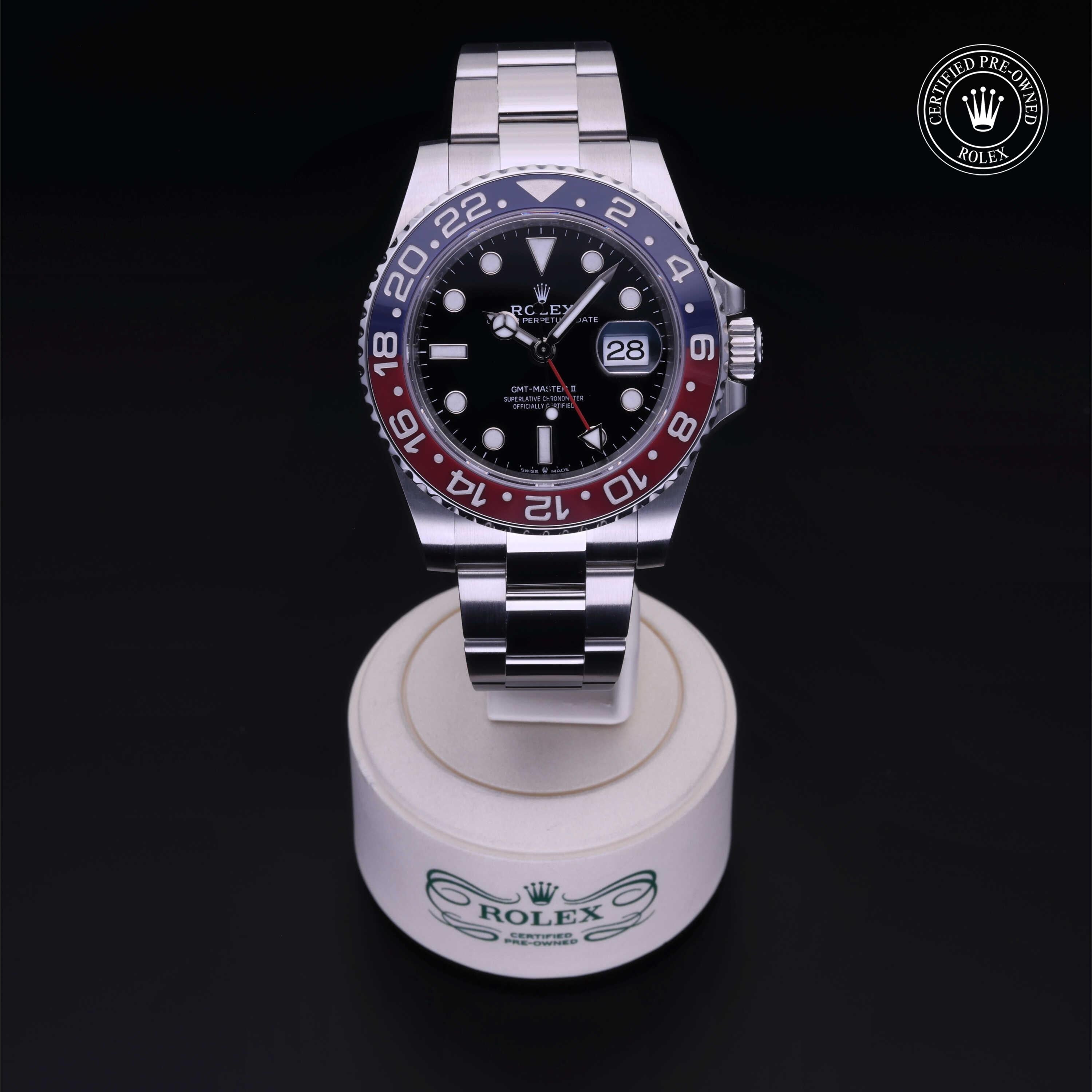 Rolex Certified Pre-owned GMT M126710BLRO-0002 front on black background