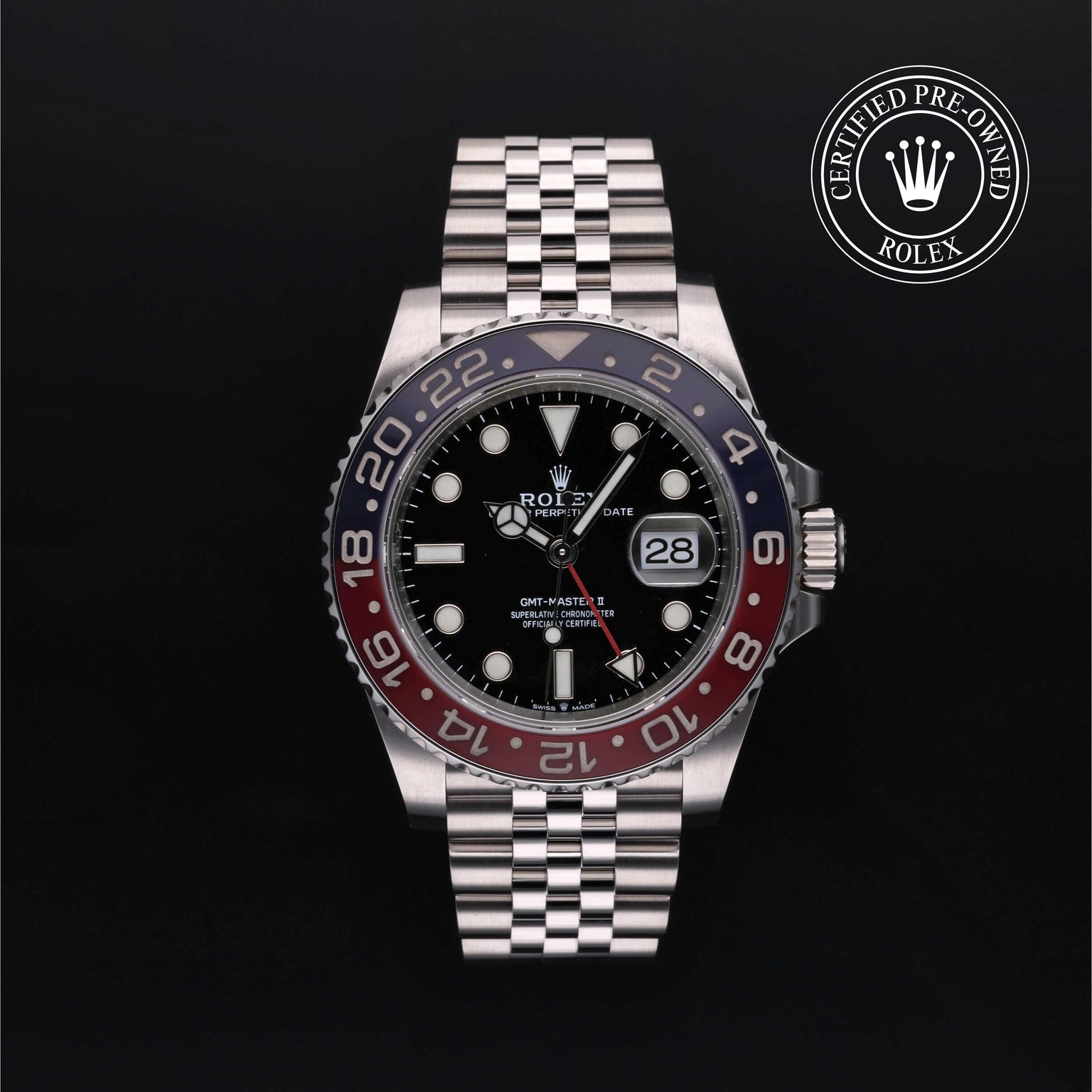 Rolex Certified Pre-owned GMT M126710BLRO-0001 front on black background