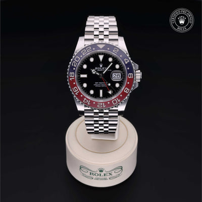 Rolex Certified Pre-owned GMT M126710BLRO-0001 front on black background