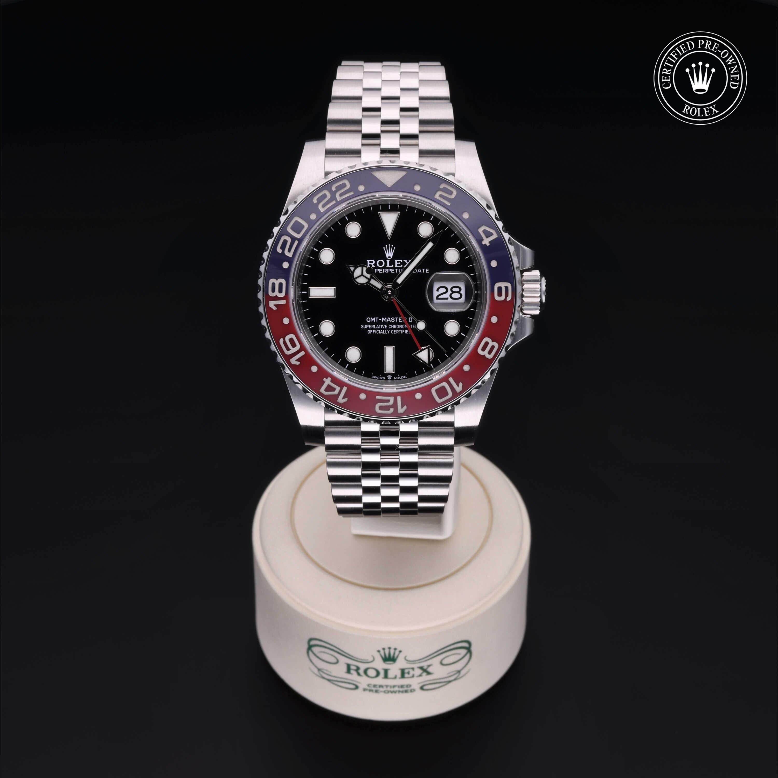 Rolex Certified Pre-owned GMT M126710BLRO-0001 front on black background