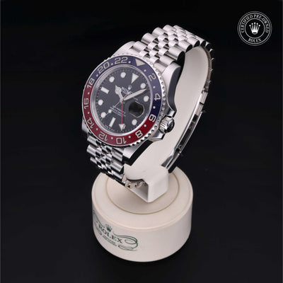 Rolex Certified Pre-owned GMT M126710BLRO-0001 front on black background