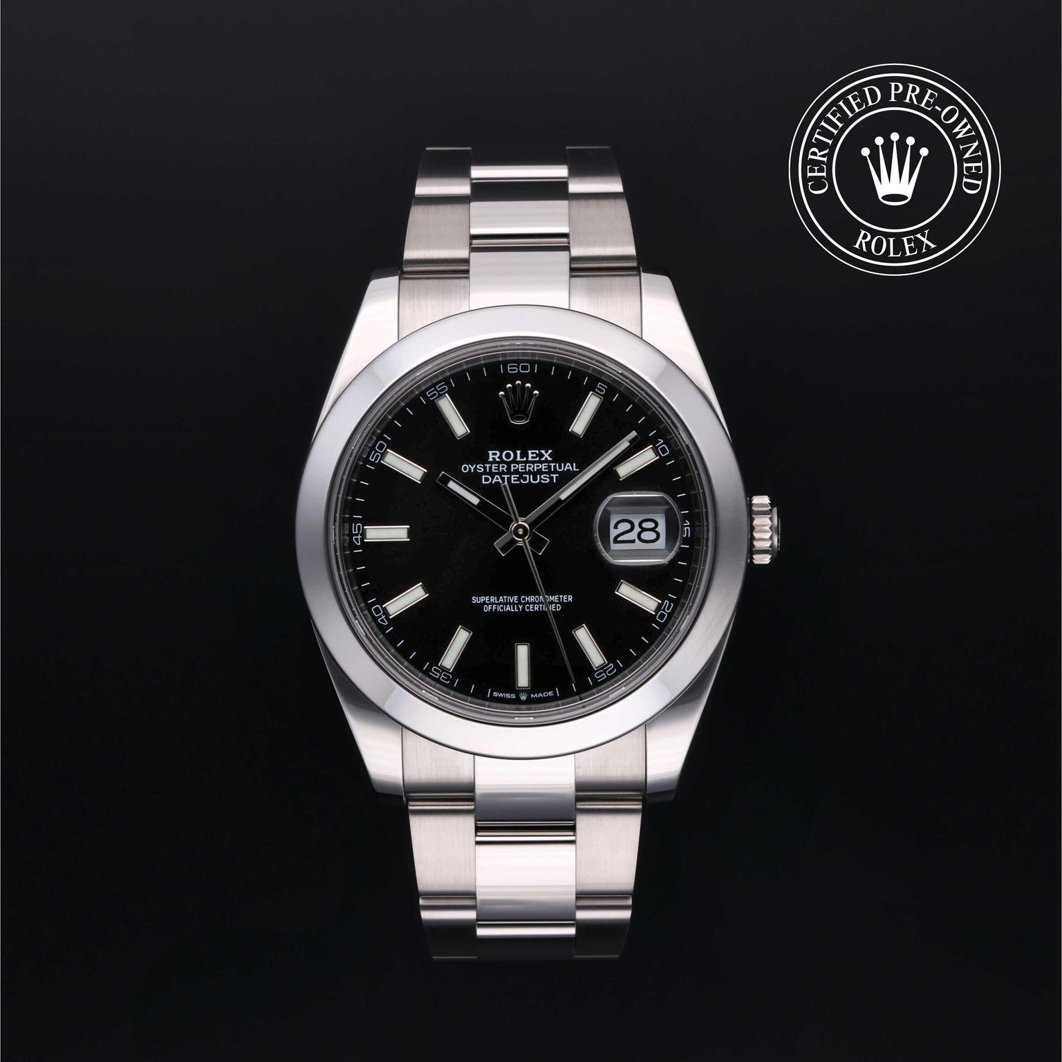 Rolex Certified Pre-owned Datejust M126300-0011 front on black background