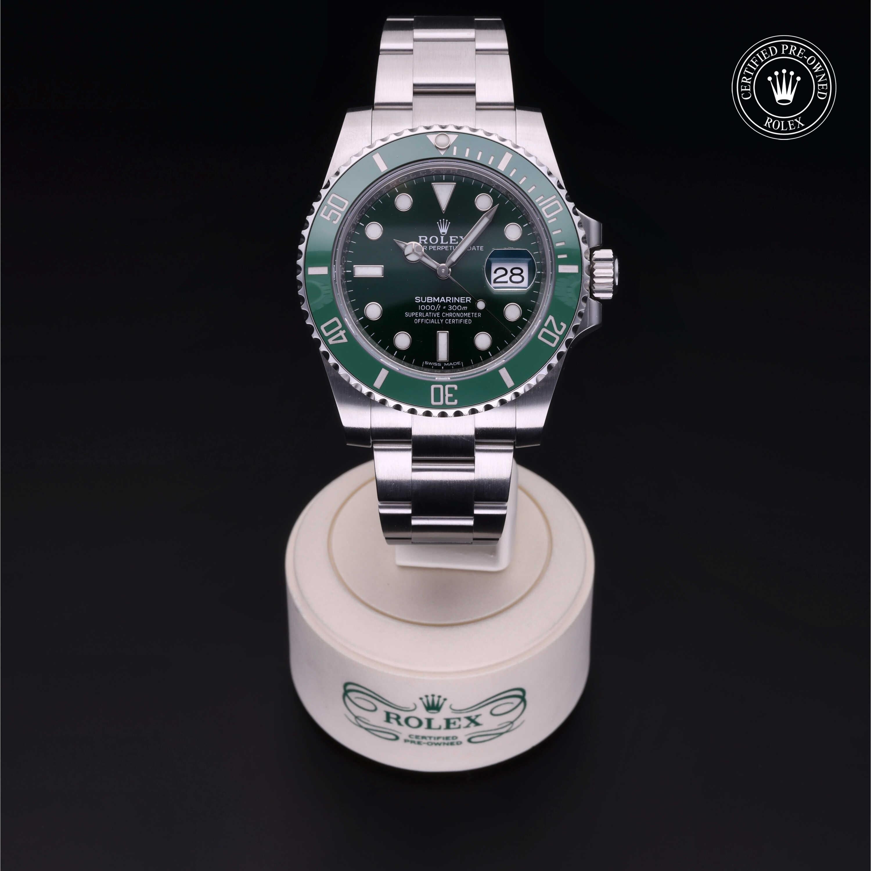 Rolex Certified Pre-owned Submariner M116610LV-0002 front on black background