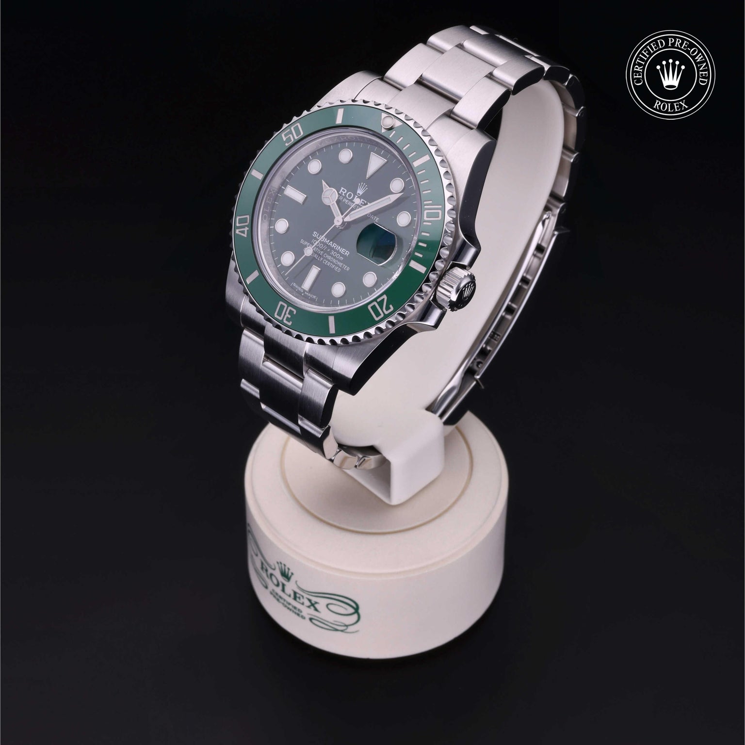 Rolex Certified Pre-owned Submariner M116610LV-0002 front on black background