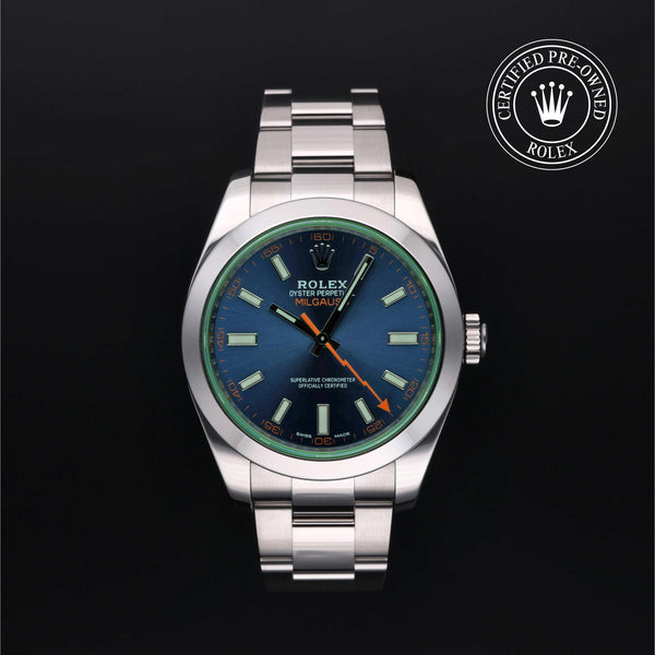 Rolex Certified Pre-owned Milgauss M116400GV-0002 front on black background