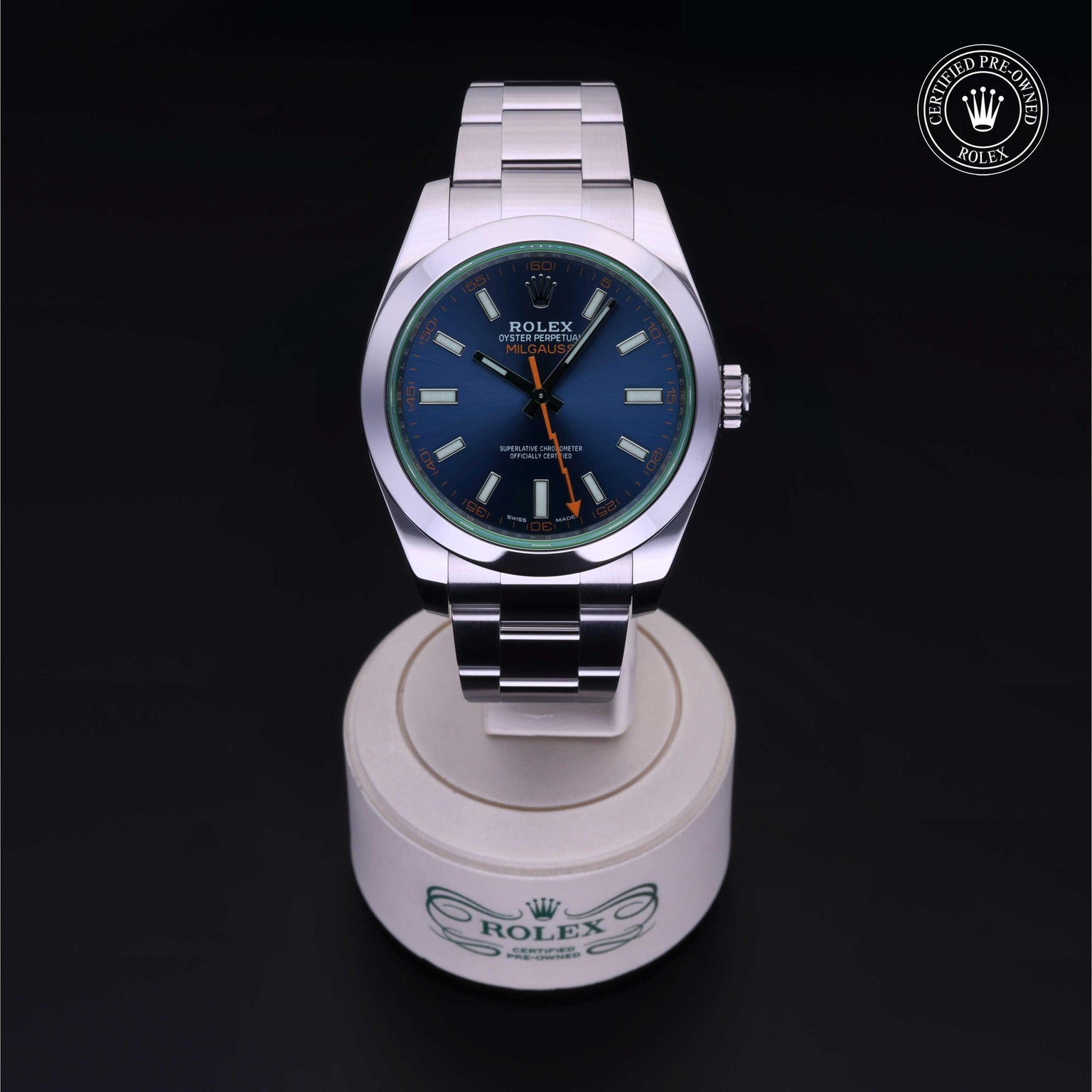 Rolex Certified Pre-owned Milgauss M116400GV-0002 front on black background