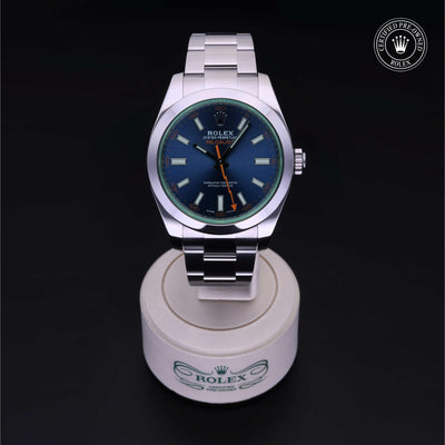 Rolex Certified Pre-owned Milgauss M116400GV-0002 front on black background