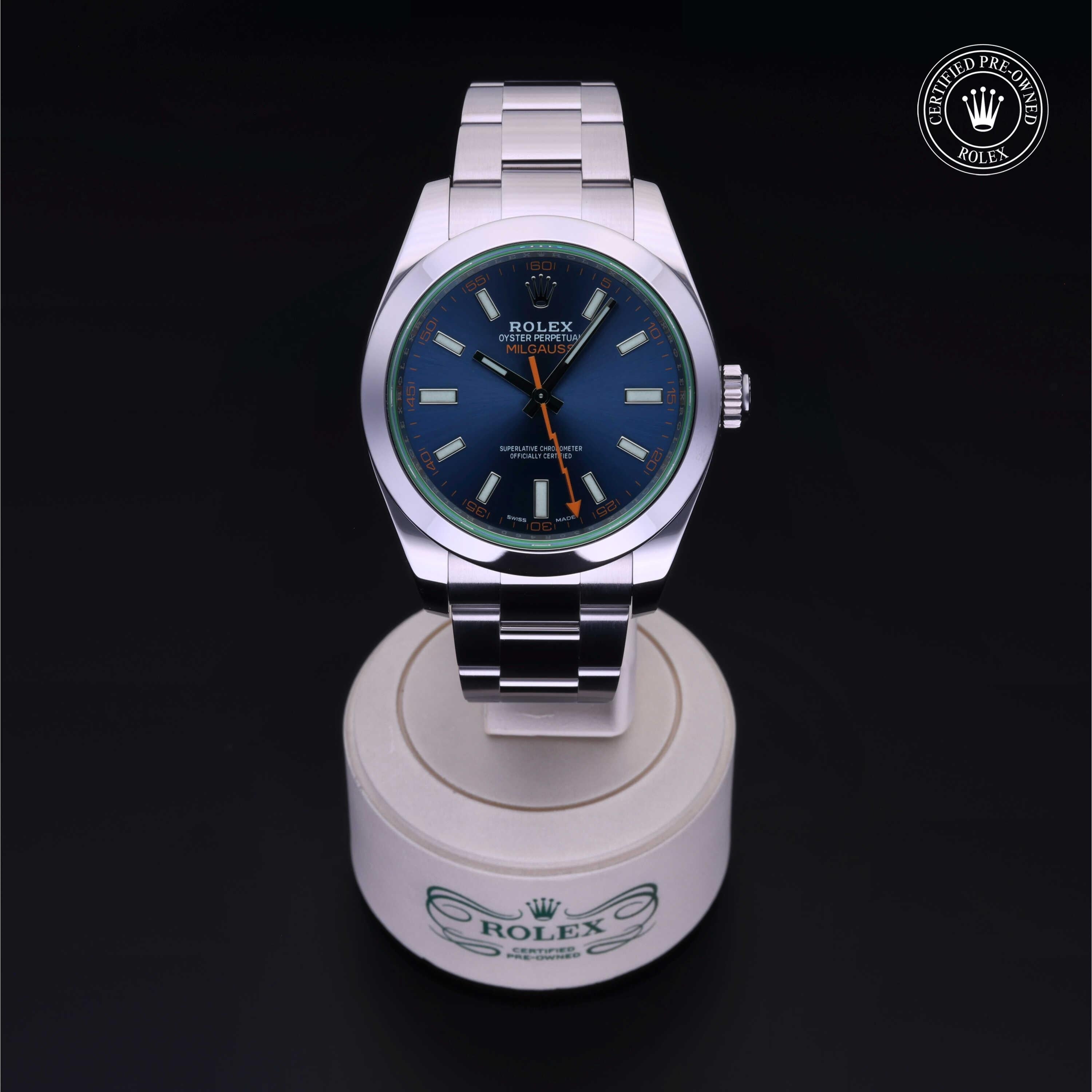 Rolex Certified Pre-owned Milgauss M116400GV-0002 front on black background