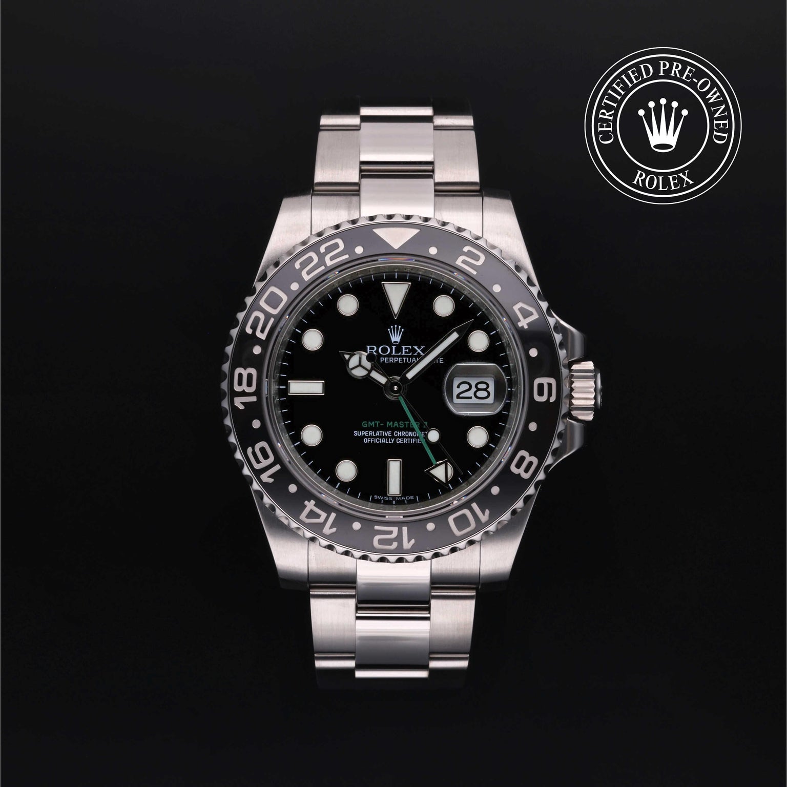Rolex Certified Pre-owned GMT II M116710LN-0001 front on black background