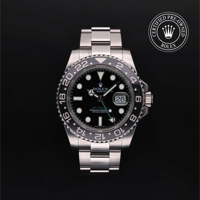 Rolex Certified Pre-owned GMT II M116710LN-0001 front on black background