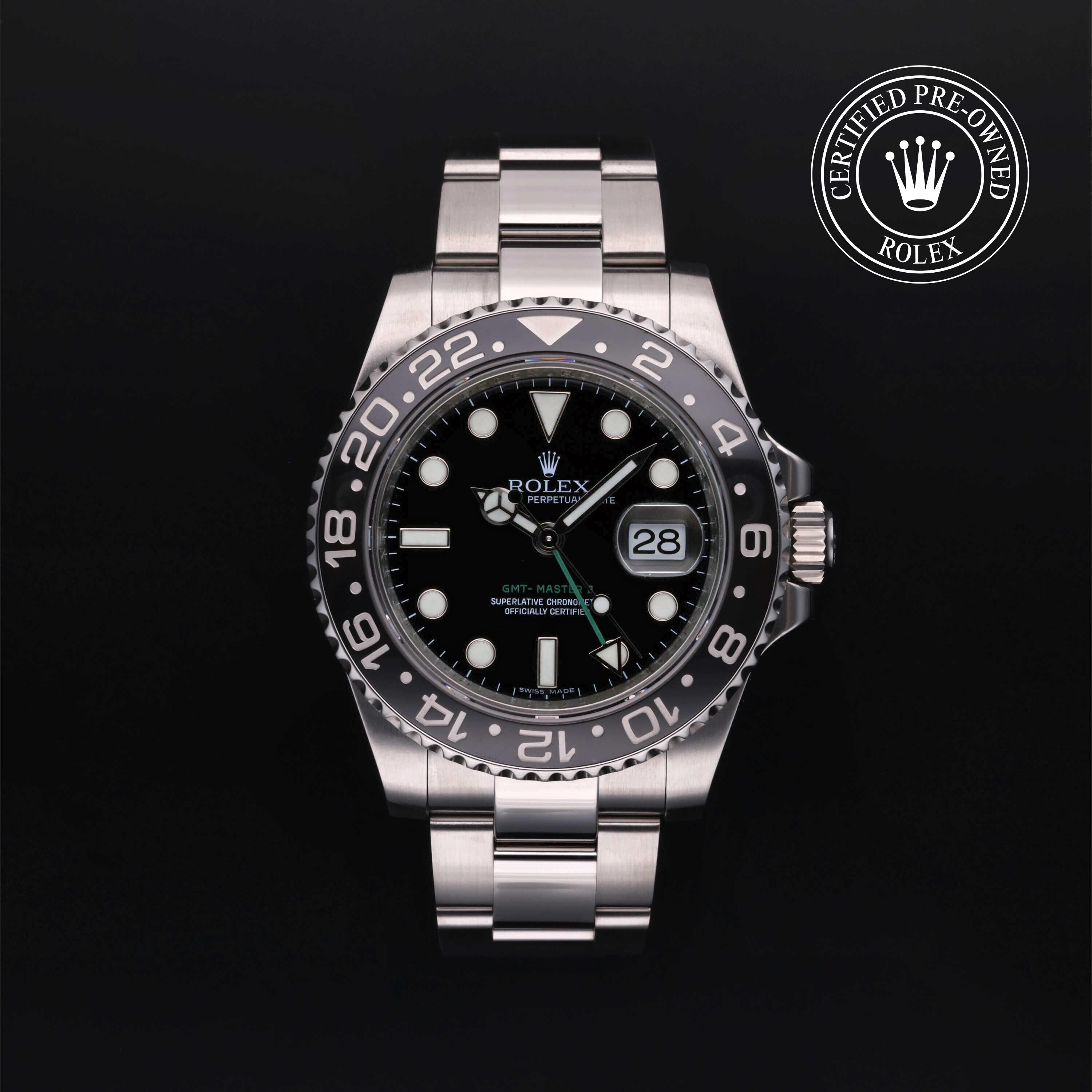 Rolex Certified Pre-owned GMT II M116710LN-0001 front on black background