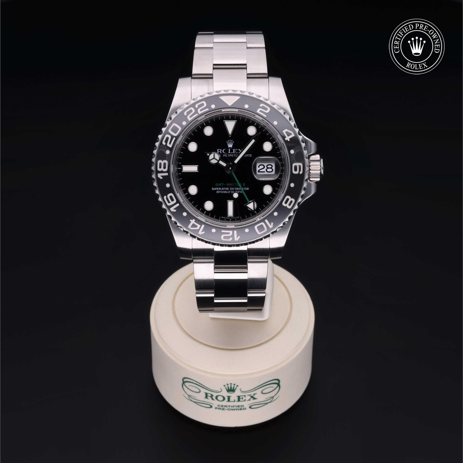 Rolex Certified Pre-owned GMT II M116710LN-0001 front on black background