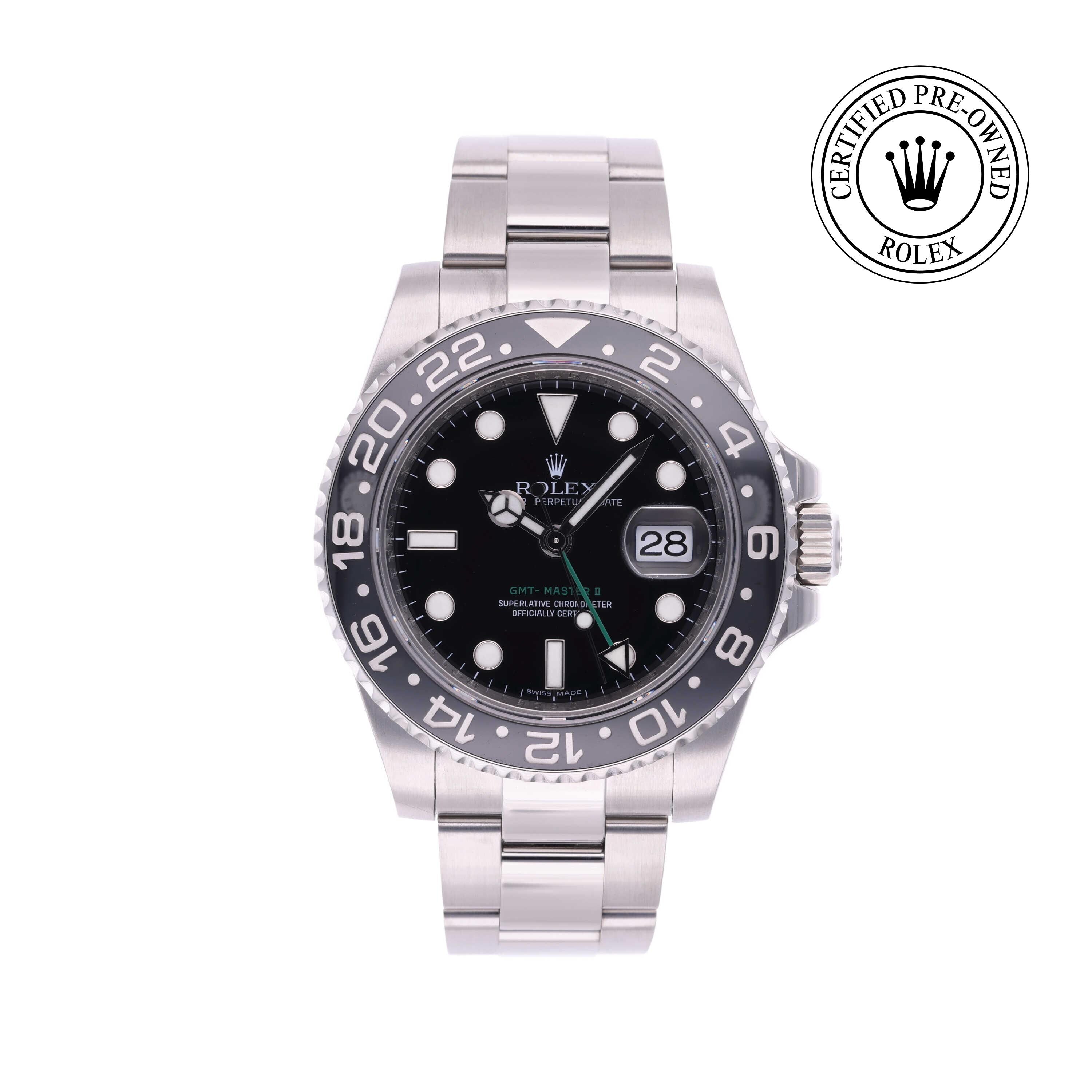 Rolex Certified Pre-owned GMT II M116710LN-0001 front on white background