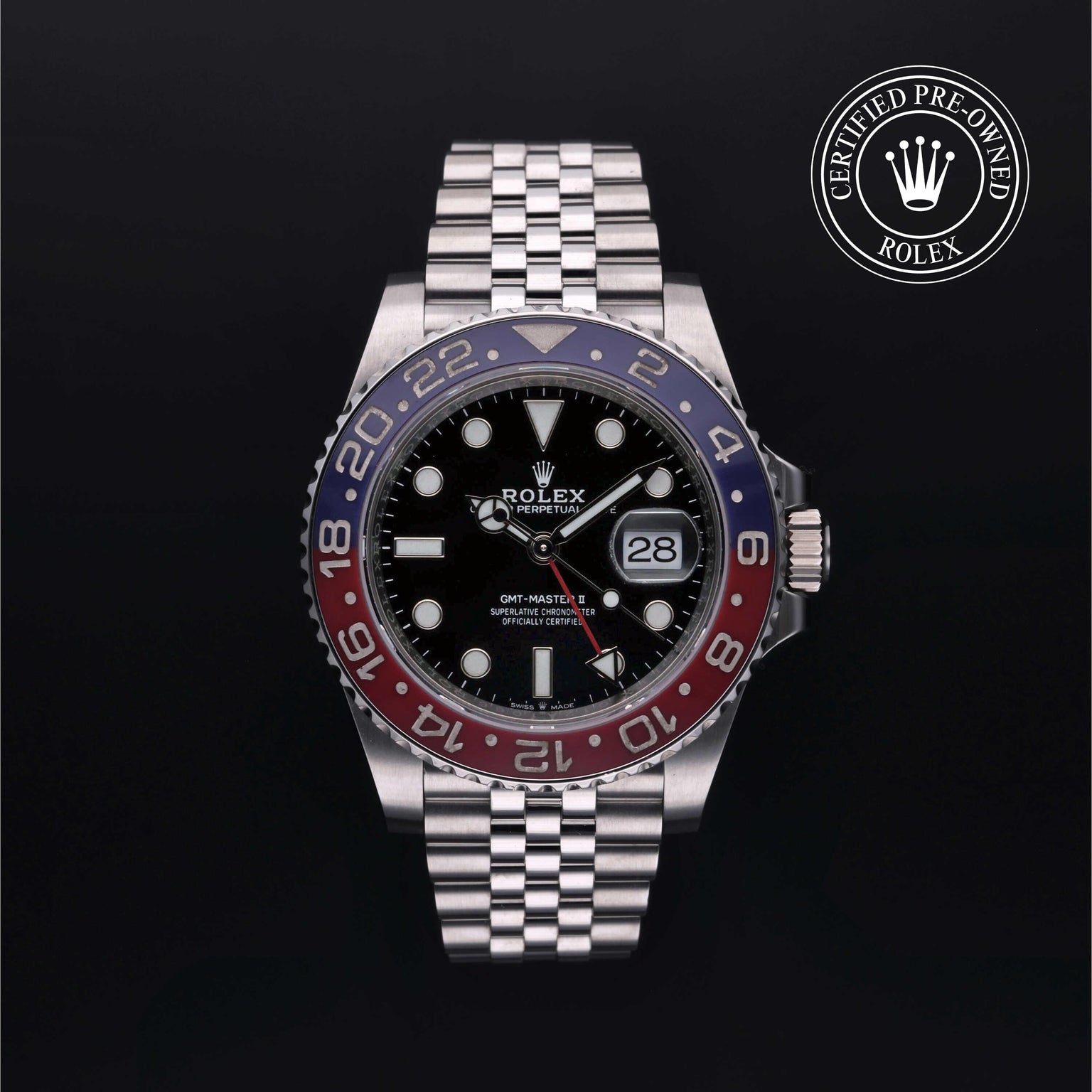 Rolex Certified Pre-owned GMT M126710BLRO-0001 front on black background