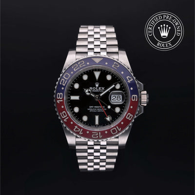 Rolex Certified Pre-owned GMT M126710BLRO-0001 front on black background