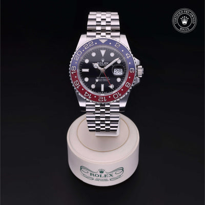 Rolex Certified Pre-owned GMT M126710BLRO-0001 front on black background