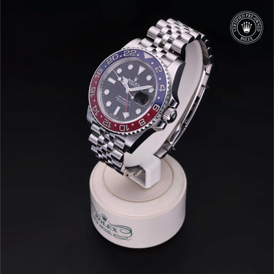 Rolex Certified Pre-owned GMT M126710BLRO-0001 front on black background