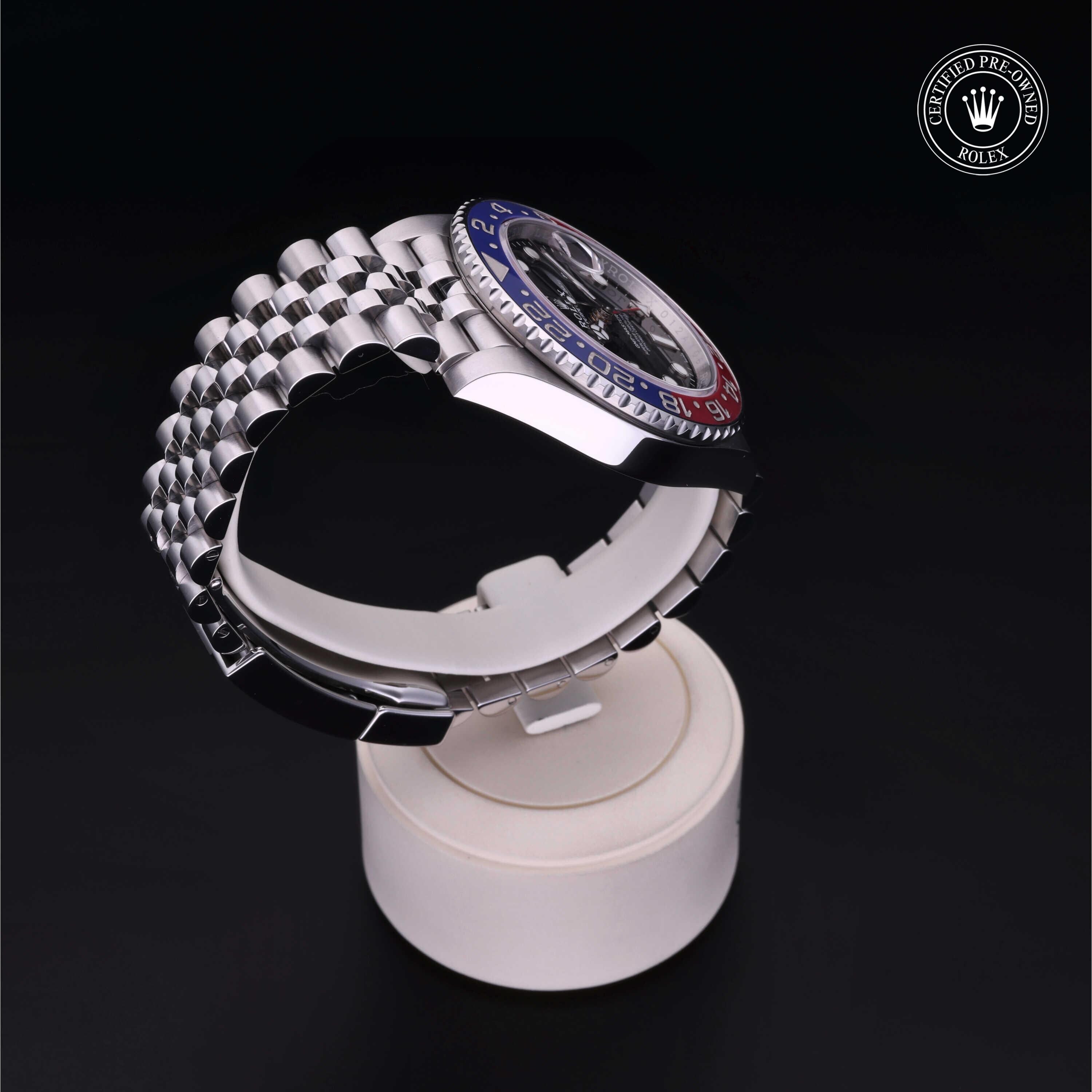 Rolex Certified Pre-owned GMT M126710BLRO-0001 front on black background