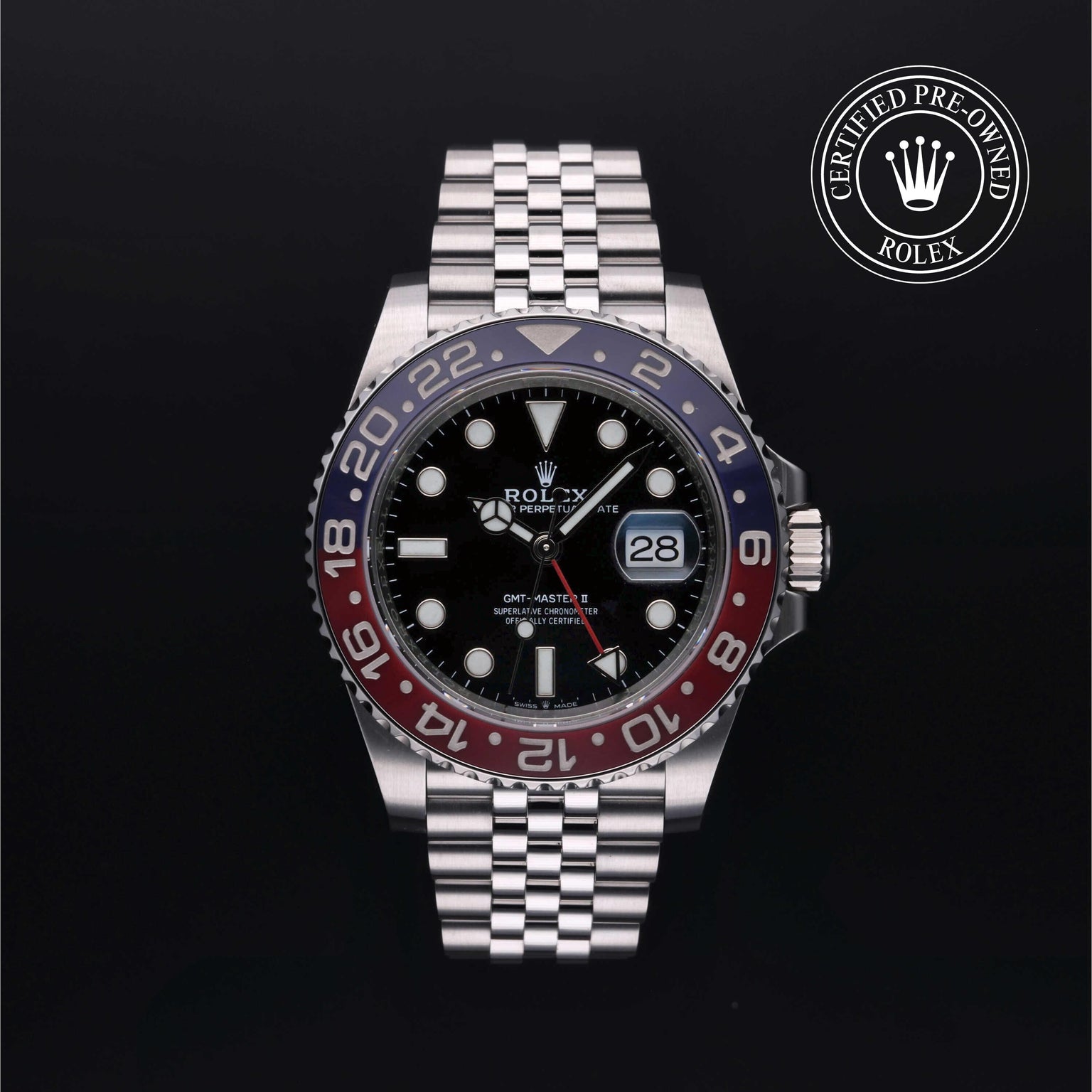 Rolex Certified Pre-owned GMT M126710BLRO-0001 front on black background