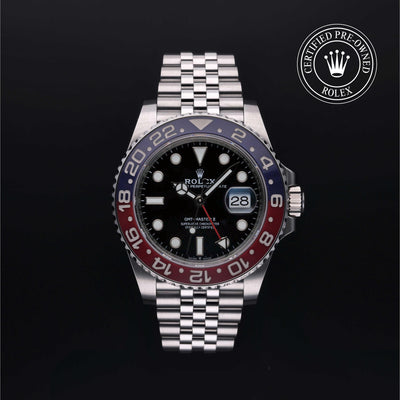 Rolex Certified Pre-owned GMT M126710BLRO-0001 front on black background