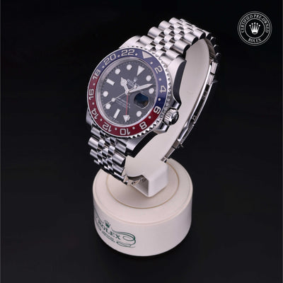 Rolex Certified Pre-owned GMT M126710BLRO-0001 front on black background