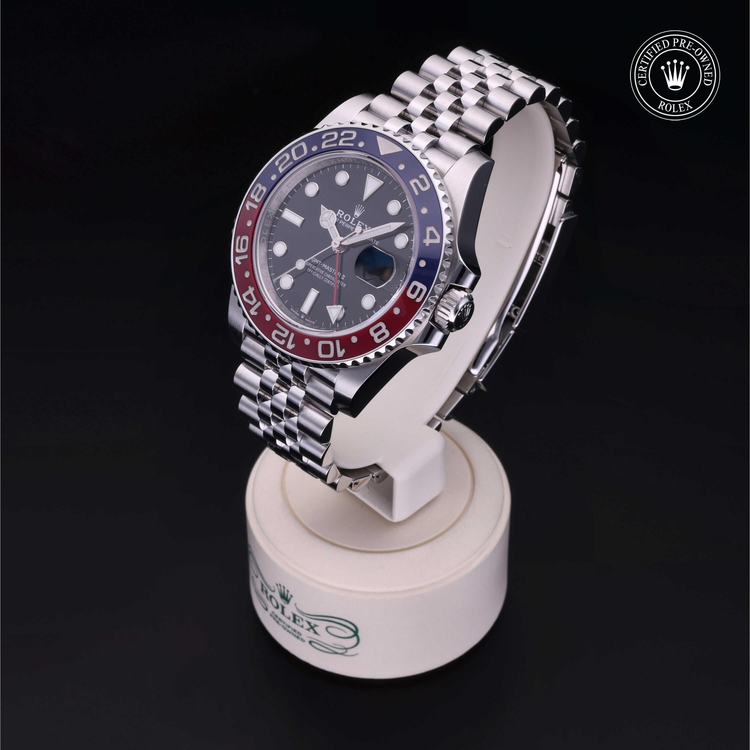 Rolex Certified Pre-owned GMT M126710BLRO-0001 front on black background