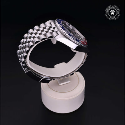 Rolex Certified Pre-owned GMT M126710BLRO-0001 front on black background