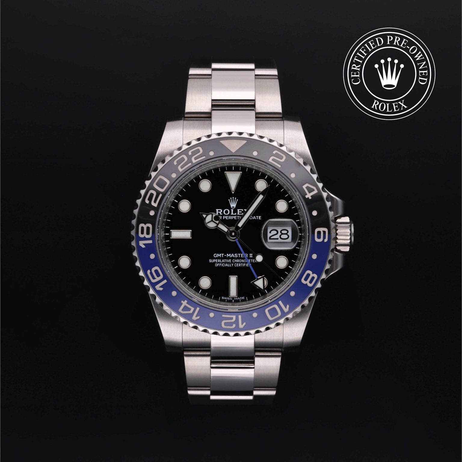 Rolex Certified Pre-owned GMT II M116710BLNR-0002 front on black background