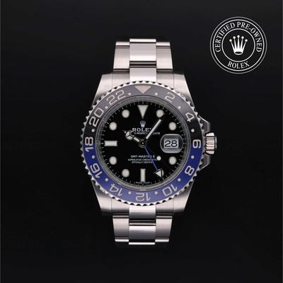 Rolex Certified Pre-owned GMT II M116710BLNR-0002 front on black background