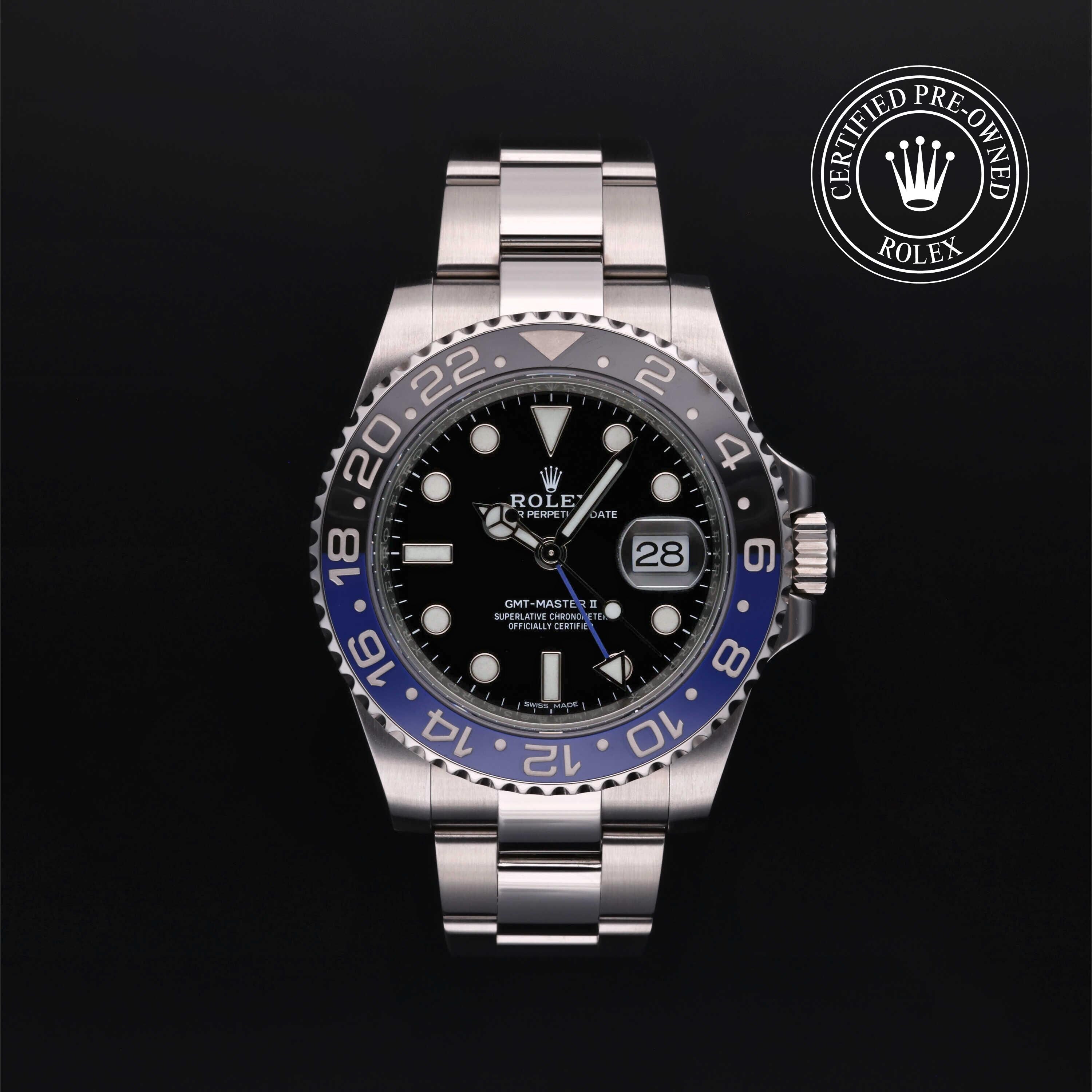 Rolex Certified Pre-owned GMT II M116710BLNR-0002 front on black background