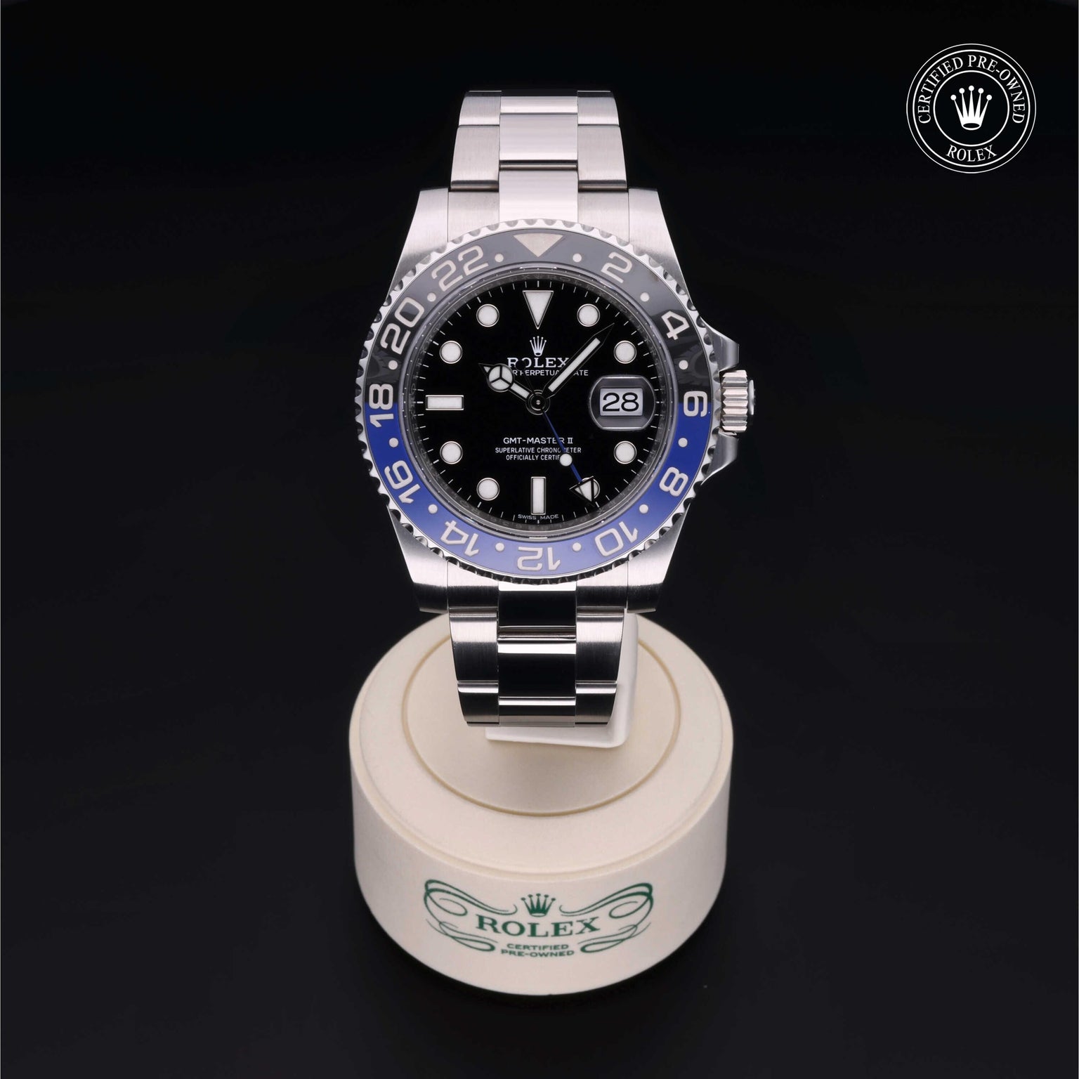 Rolex Certified Pre-owned GMT II M116710BLNR-0002 front on black background
