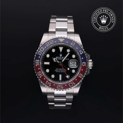 Rolex Certified Pre-owned GMT M126710BLRO-0002 front on black background