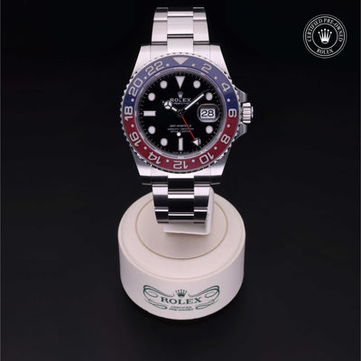 Rolex Certified Pre-owned GMT M126710BLRO-0002 front on black background