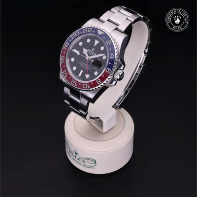 Rolex Certified Pre-owned GMT M126710BLRO-0002 front on black background