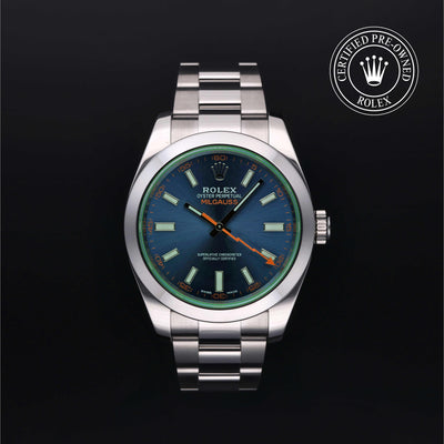 Rolex Certified Pre-owned Milgauss M116400GV-0002 front on black background