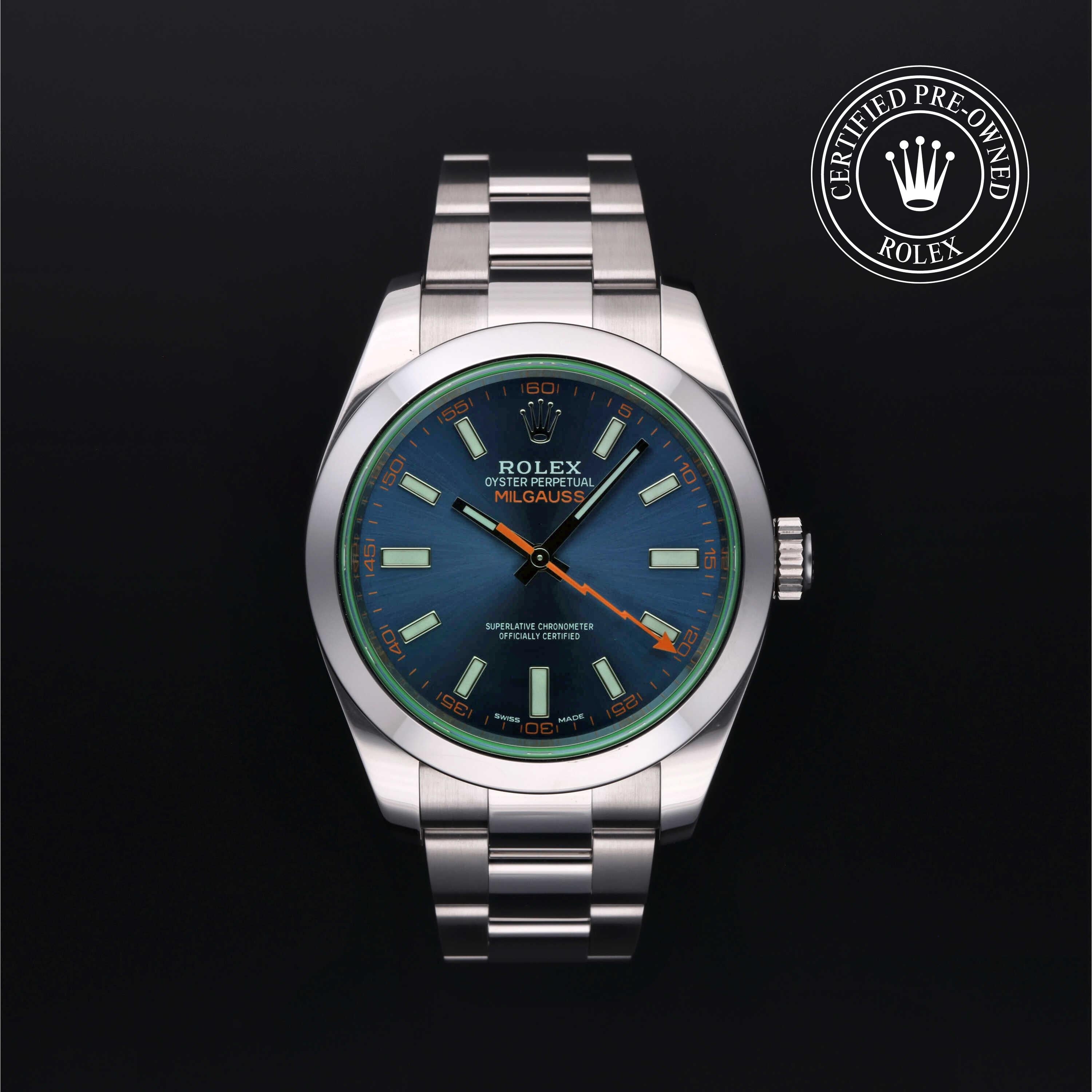 Rolex Certified Pre-owned Milgauss M116400GV-0002 front on black background