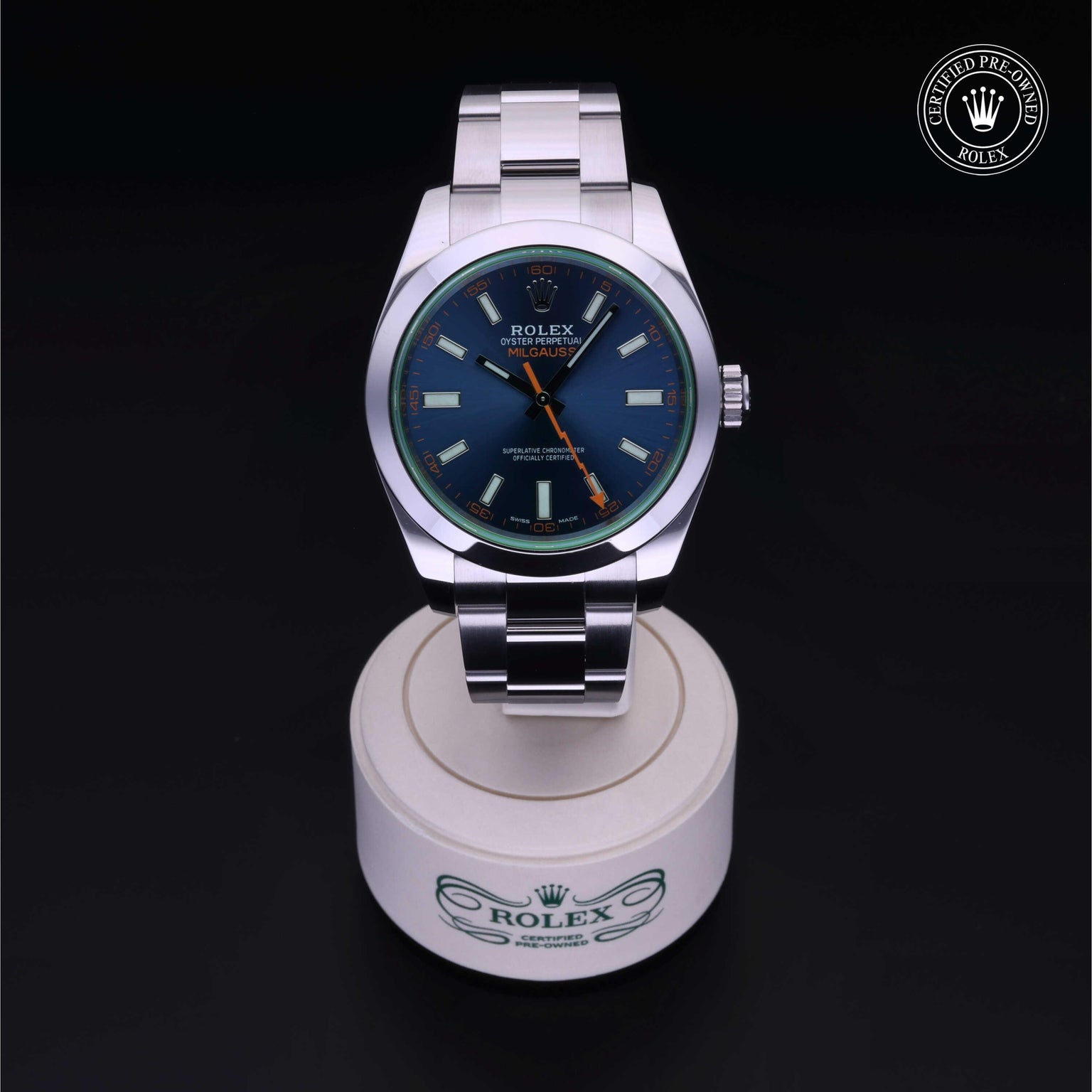 Rolex Certified Pre-owned Milgauss M116400GV-0002 front on black background