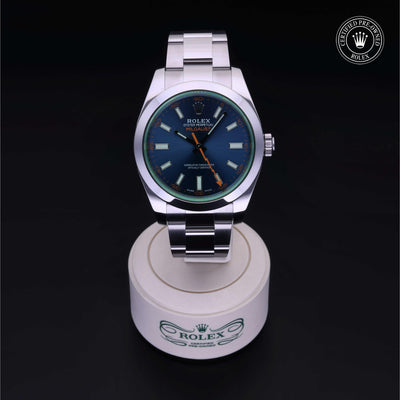 Rolex Certified Pre-owned Milgauss M116400GV-0002 front on black background
