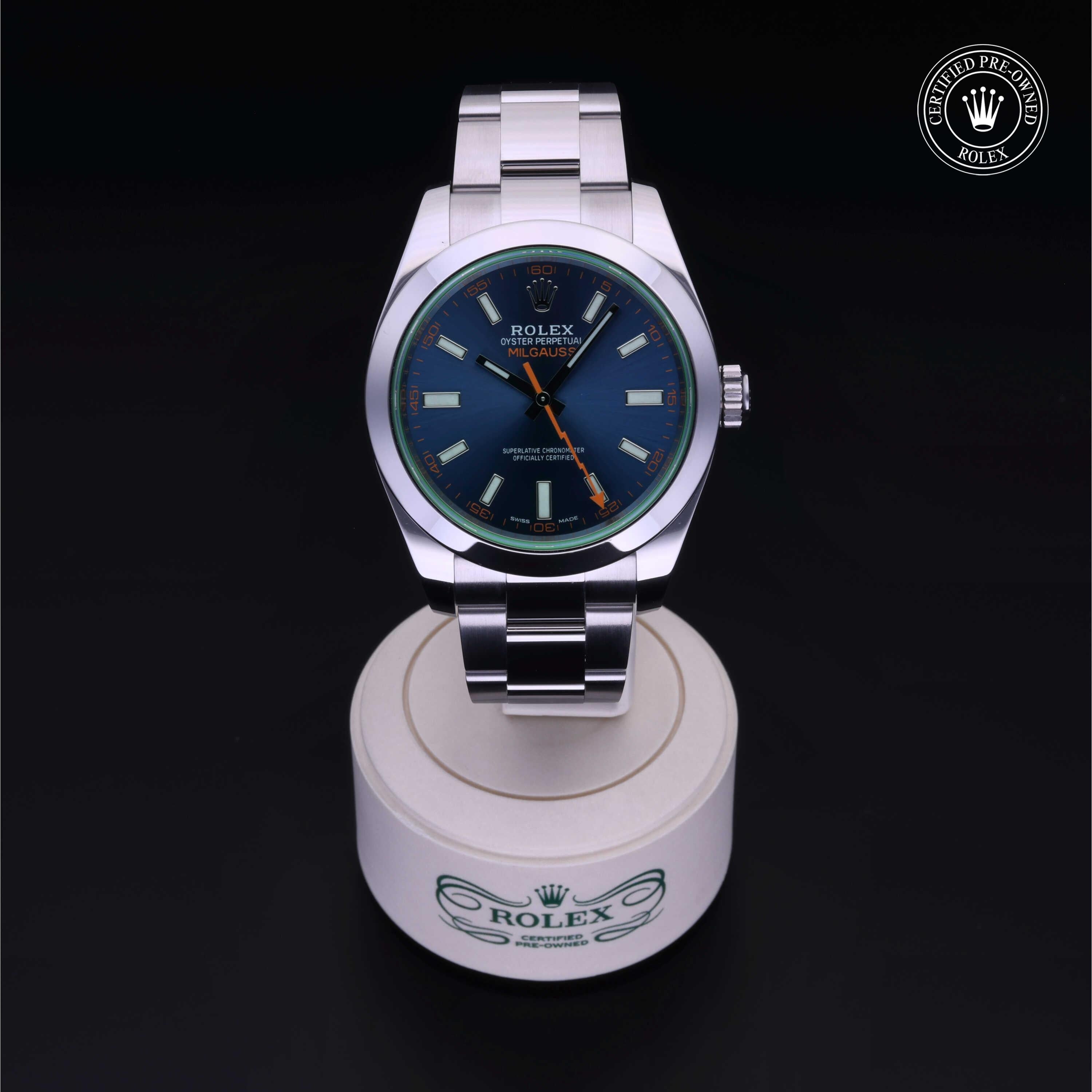 Rolex Certified Pre-owned Milgauss M116400GV-0002 front on black background