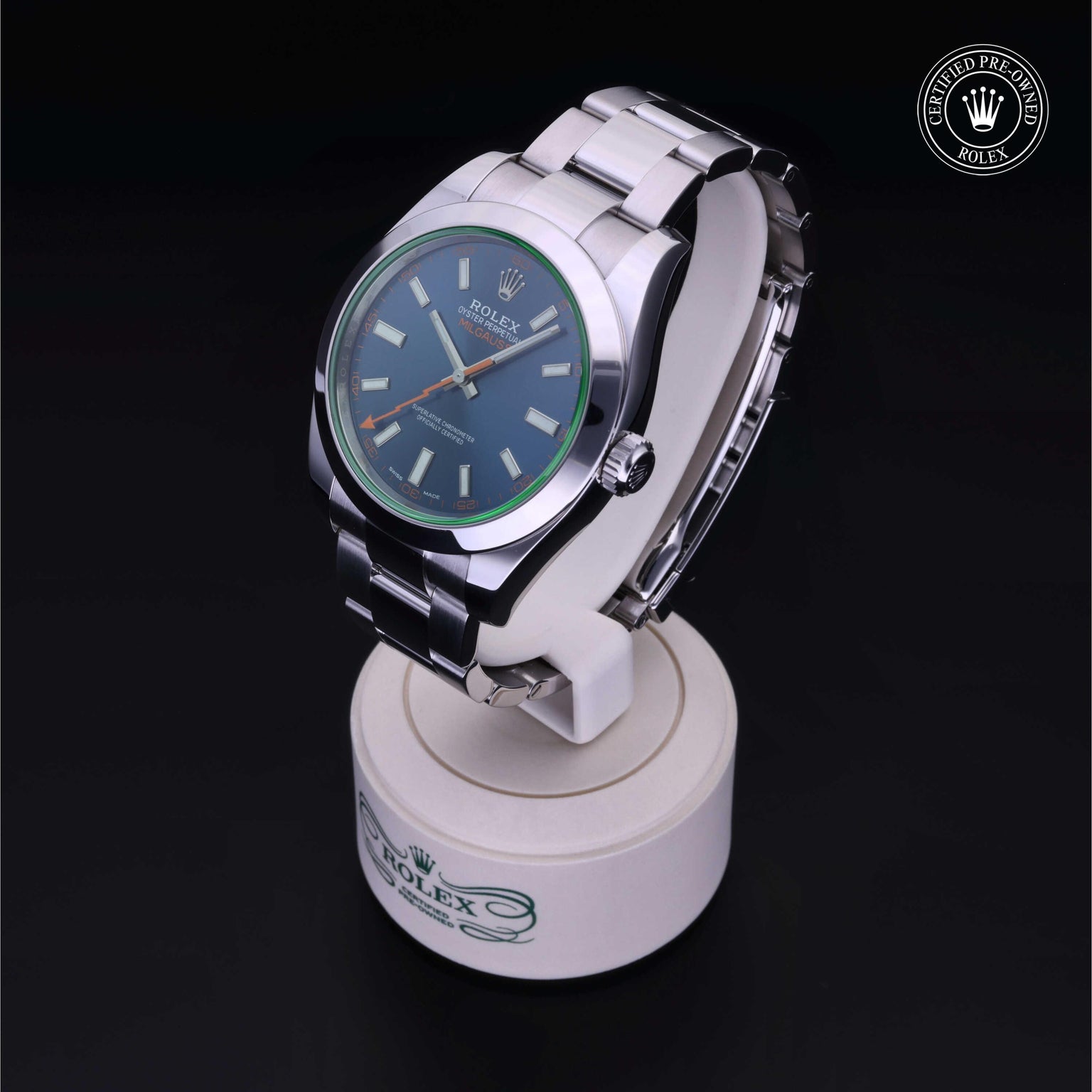 Rolex Certified Pre-owned Milgauss M116400GV-0002 front on black background