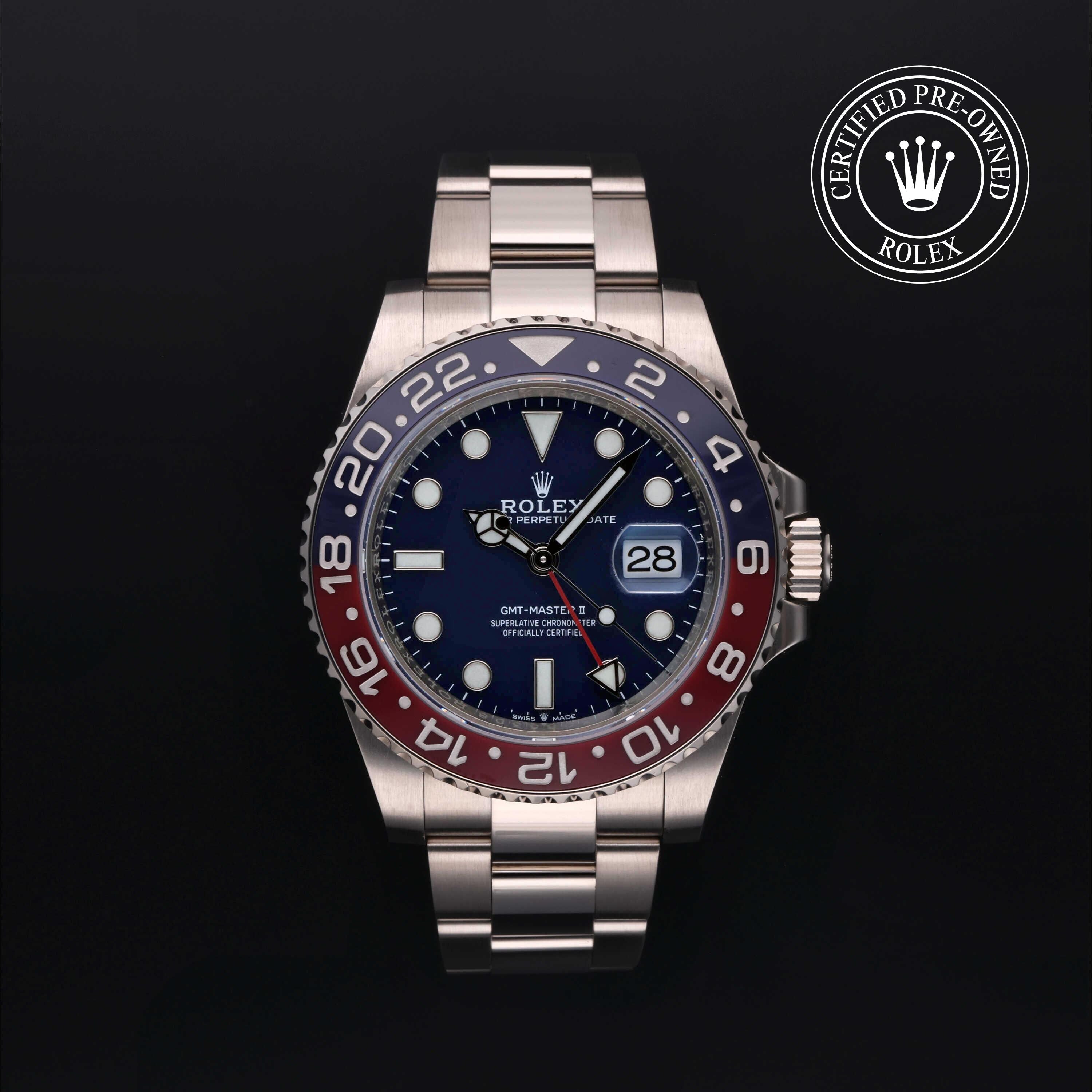 Rolex Certified Pre-owned GMT M126719BLRO-0003 front on black background