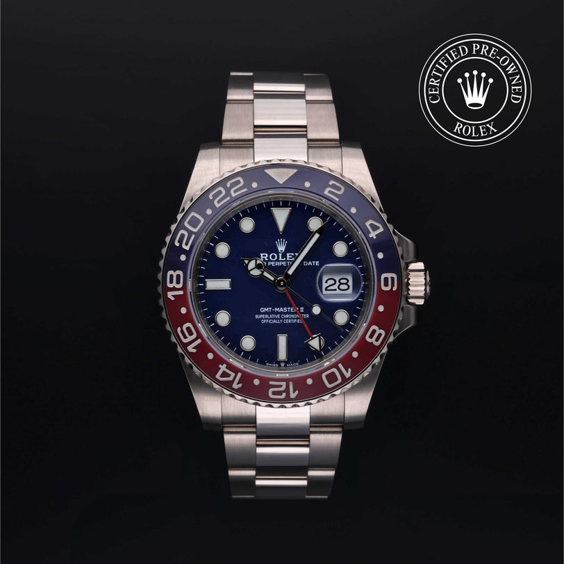 Rolex Certified Pre-owned GMT M126719BLRO-0003 front on black background